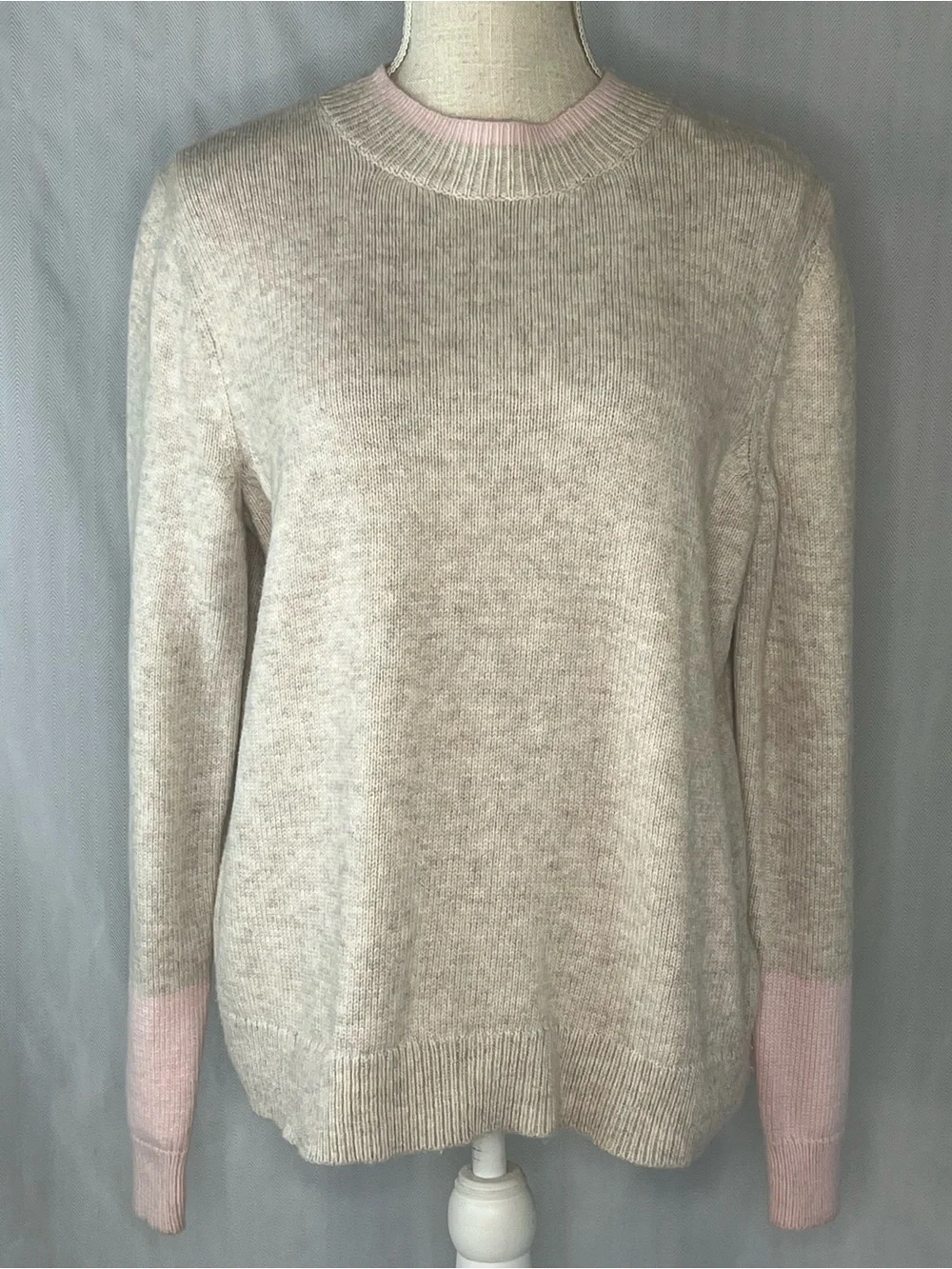 Boden Sweater Fife Pullover Mock Neckline Beige with Pink Trim L - Picture 2 of 8